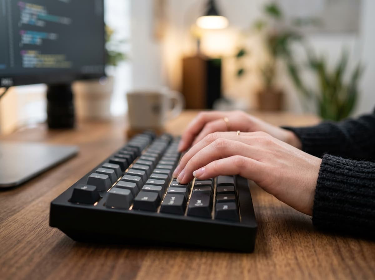 Typist hands resting on keyboard during typing session