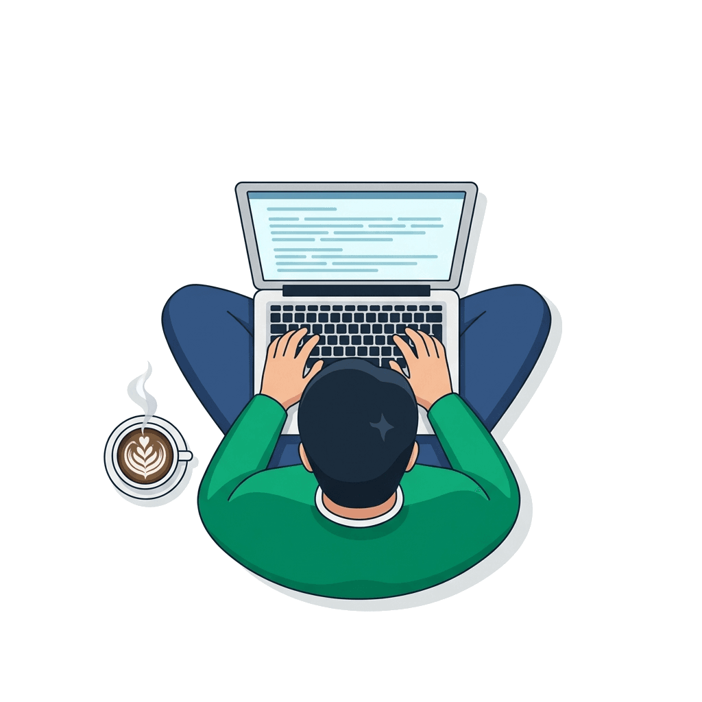 Male typist focusing on laptop with coffee